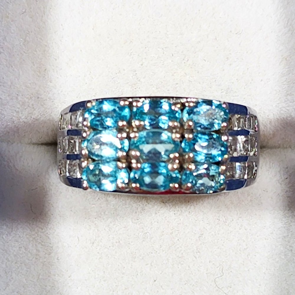 Paraiba Apatite & White Zircon band ring in Platinum over 925 SS sz 8 4.60 tcw